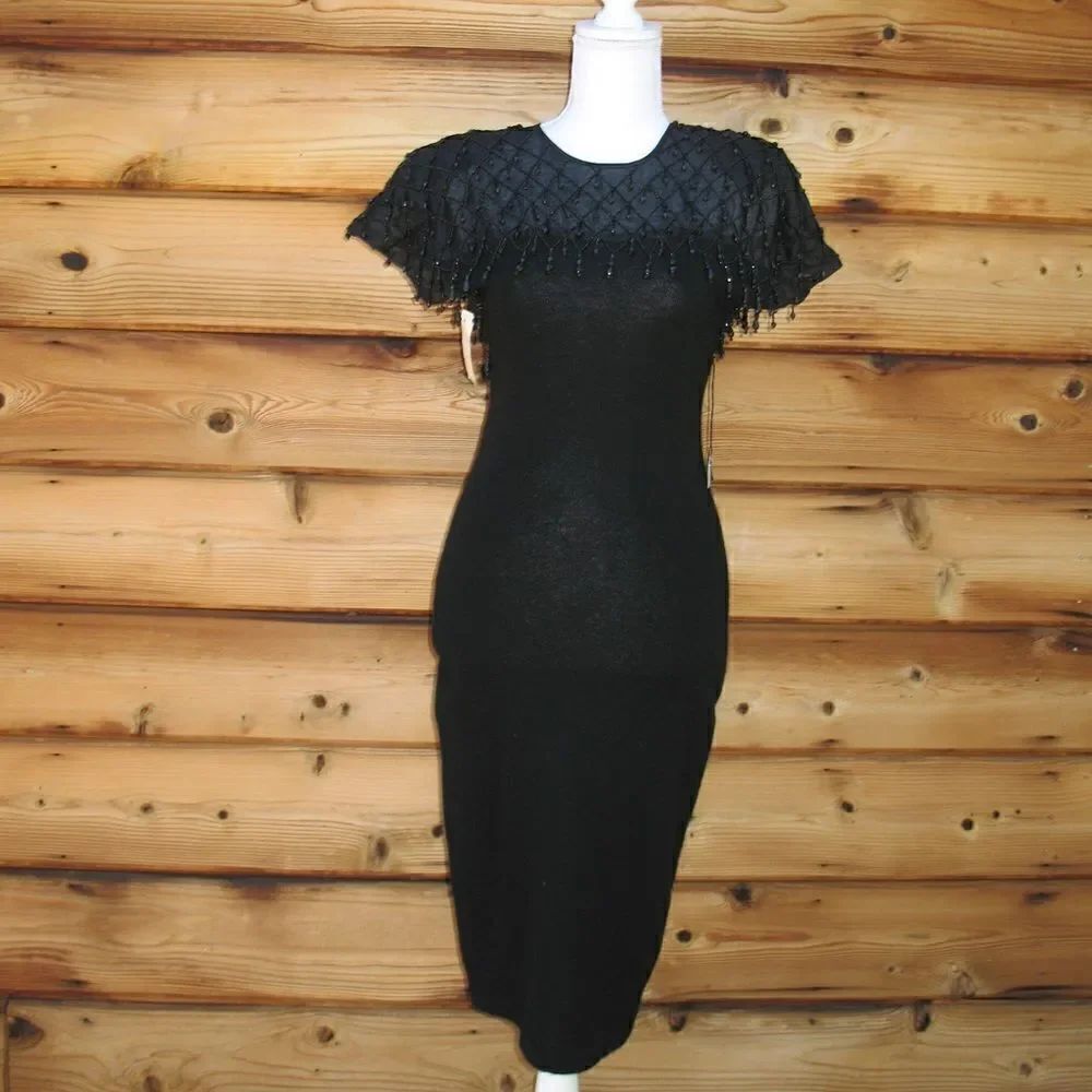 NWT Vintage 80s Black Wool Knit Beaded Midi Dress